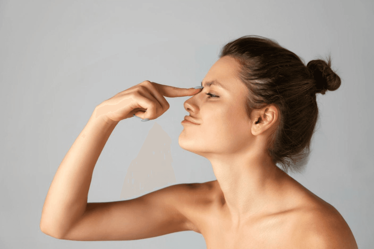 Side profile of a young woman nude touching her nose with the index finger